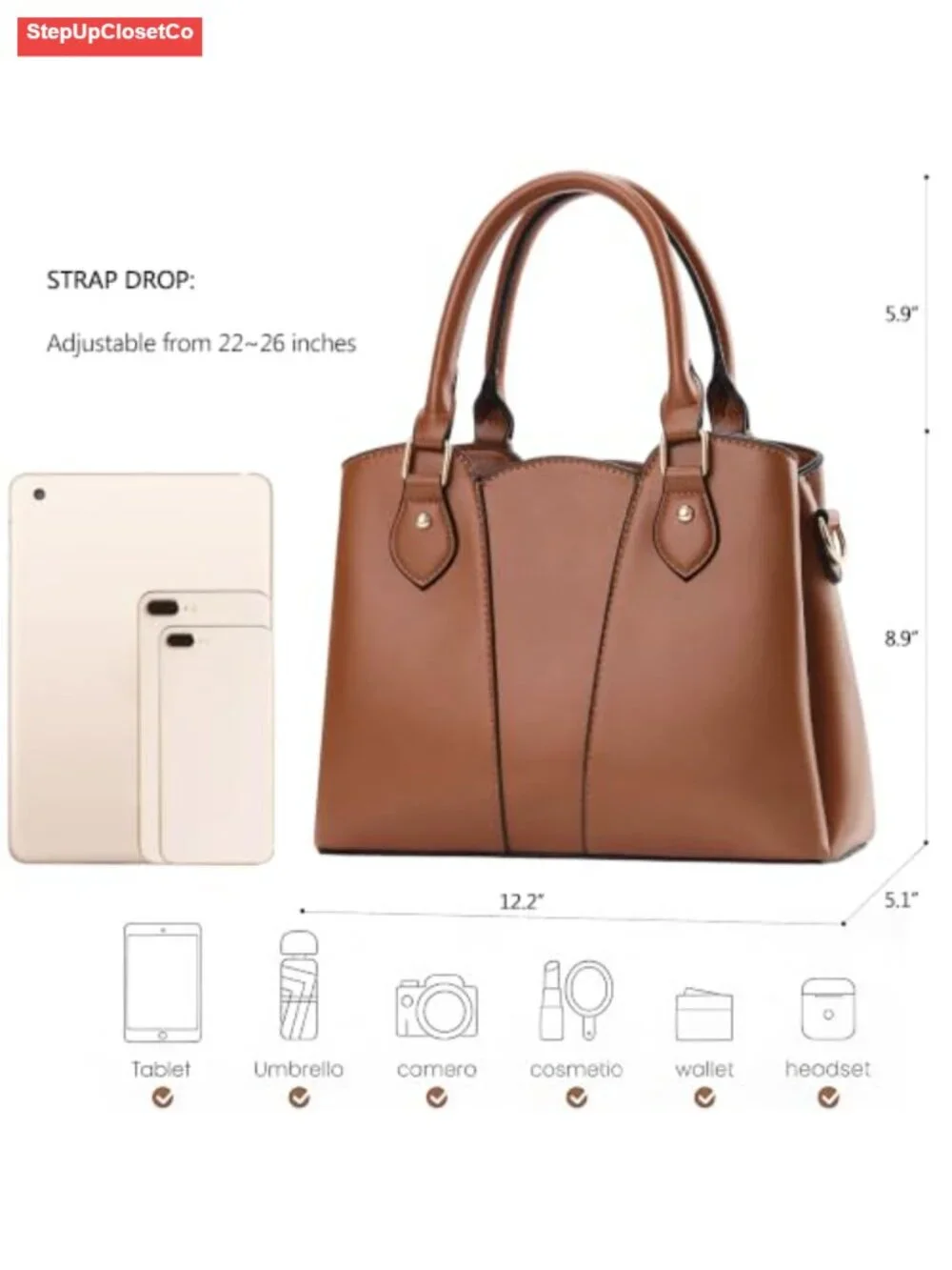 Vegan Leather Crossbody Satchel Tote Handbag with Zipper, Adjustable Strap